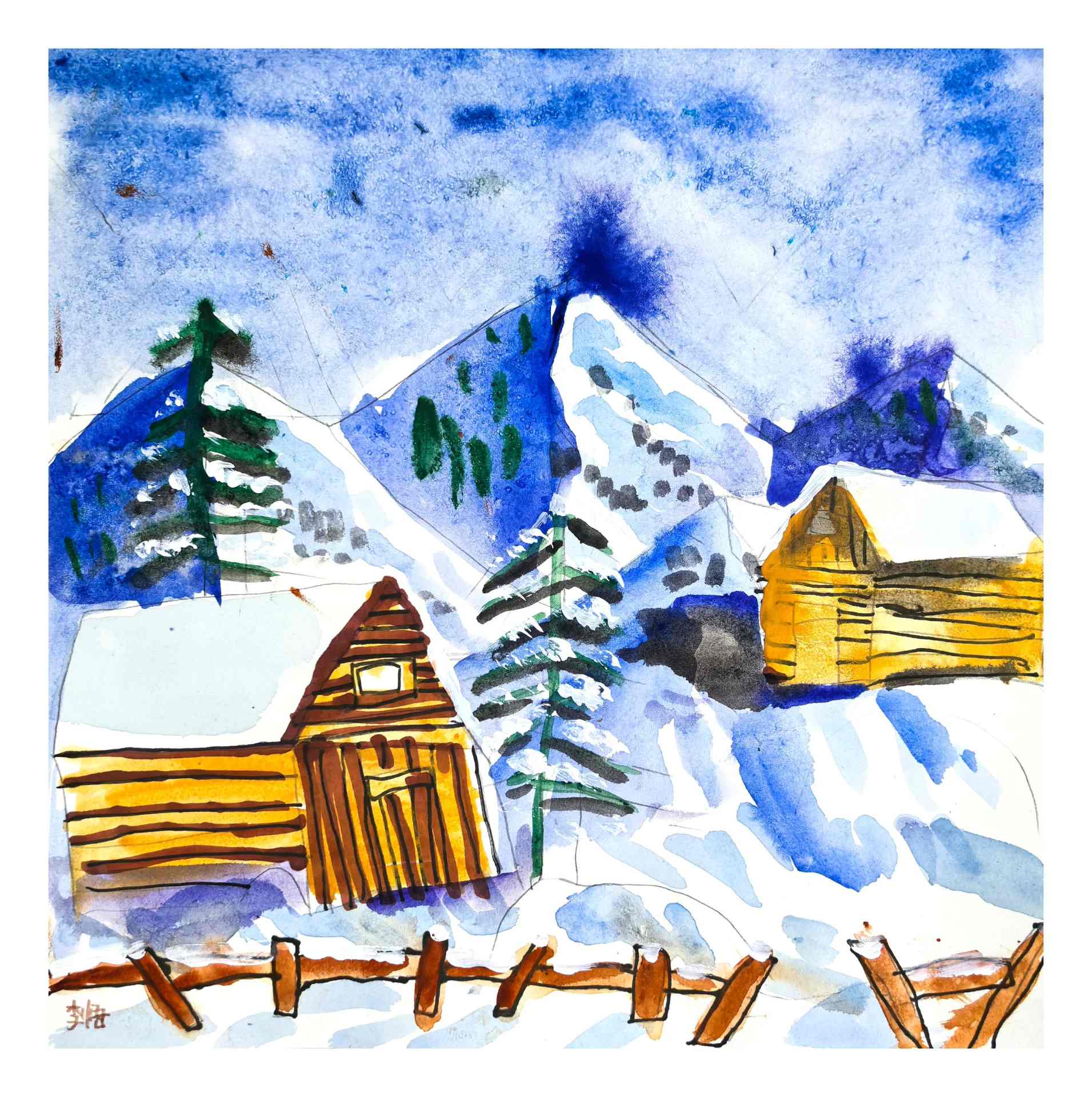 雪景水彩撒盐画